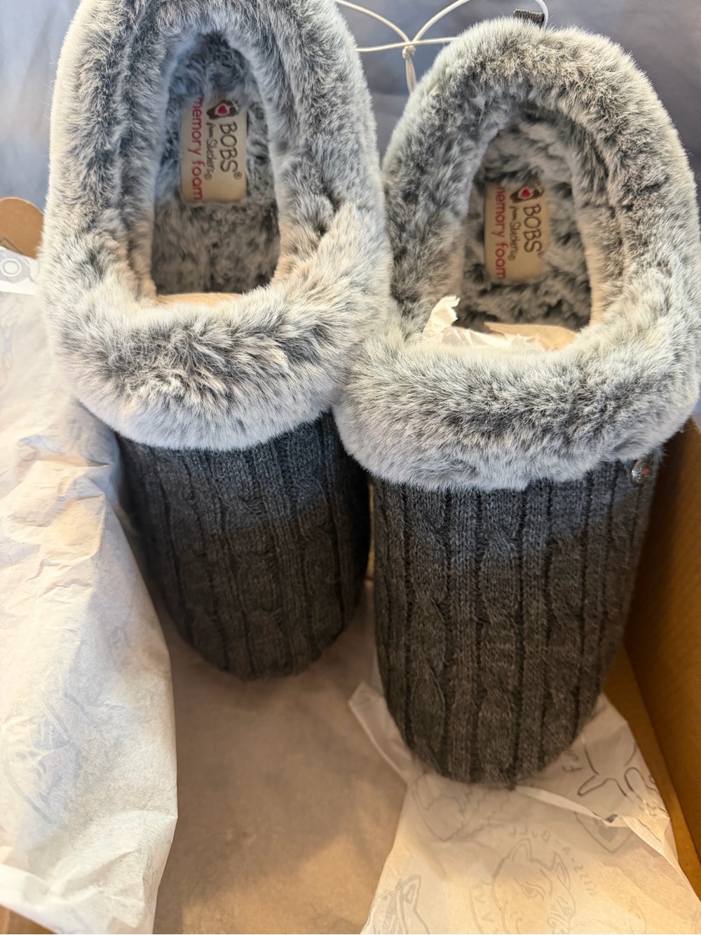 Skechers Dark Gray Cable Knit Faux-Fur Lined Slippers
